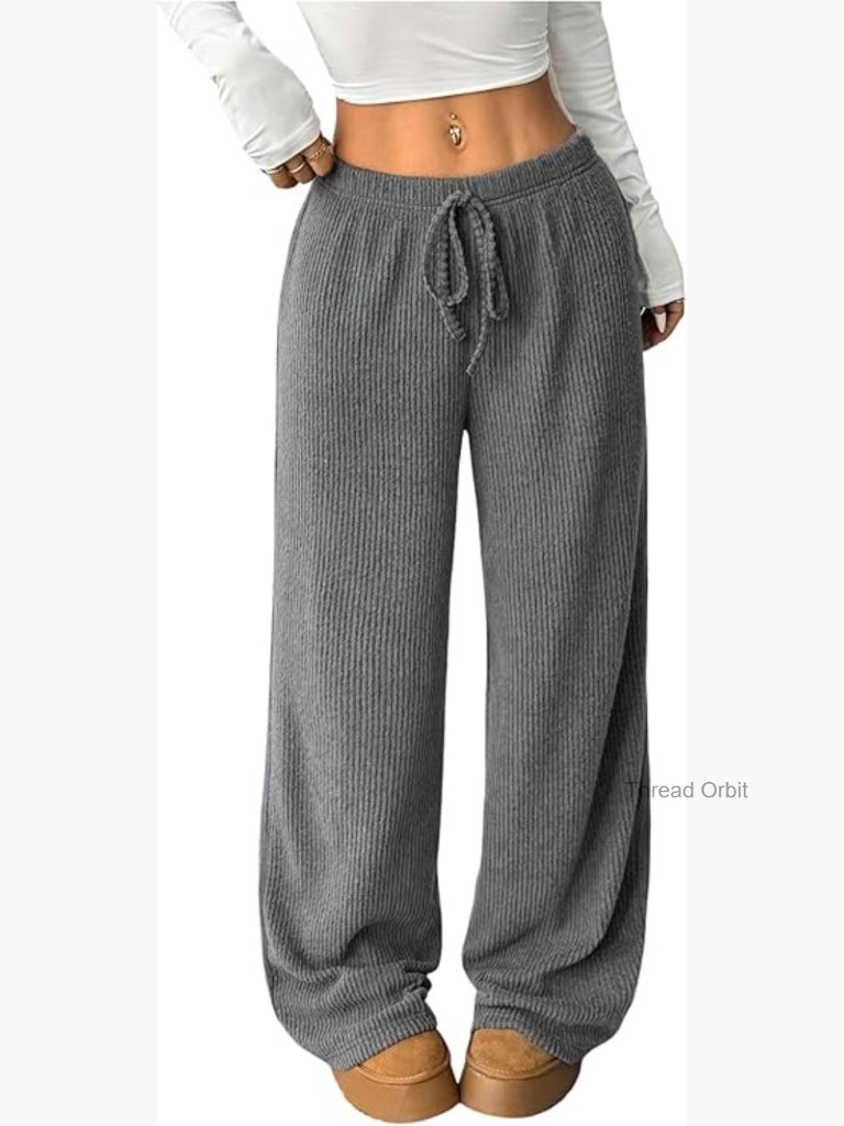 Ribbed Knit Lounge Trousers Drawstring Straight Leg Pants